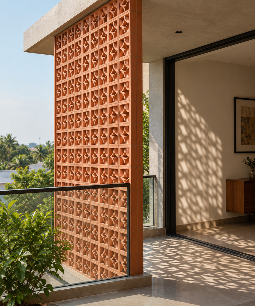 terracotta jali screen on a modern home balcony